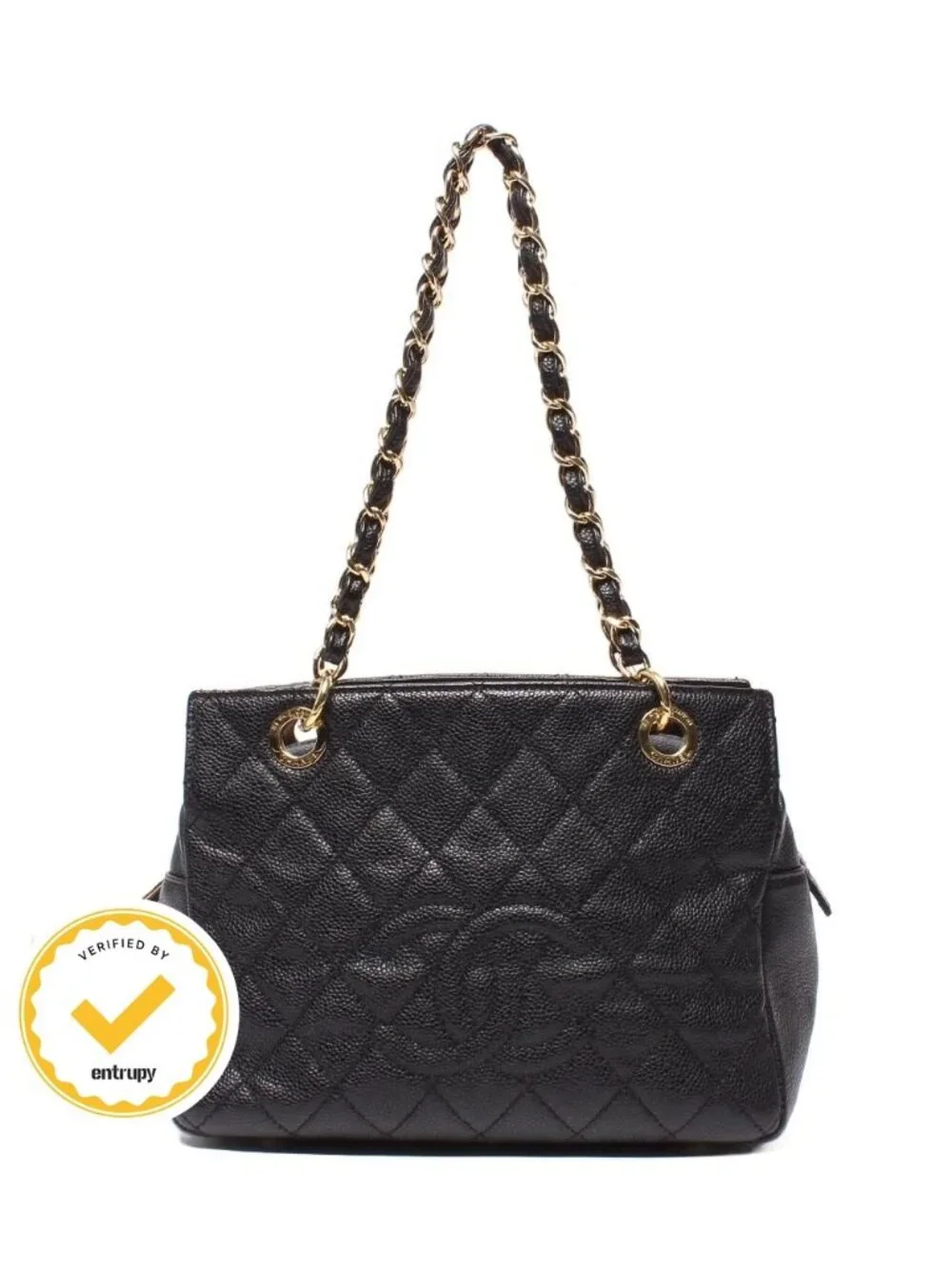 Chanel Chain Shoulder Bag Gold Quilted Caviar Leather Petit Timeless